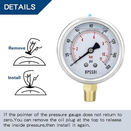 0-160 Psi Lead-Free Glycerin Liquid Filled Low Pressure Gauge, 2.5" Dial Size - Image 3