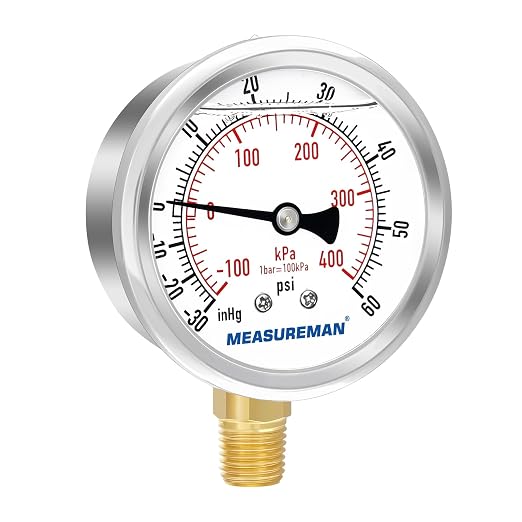 MEASUREMAN 2-1/2" Dial Size, Glycerin Filled Pressure Gauge, 30inHG-60psi - Image 2