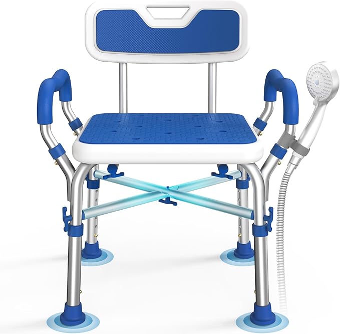 FSA/HSA Eligible Shower Chair for Inside Shower with Reinforced Crossing Bar, Heavy Duty Shower Seat 500lbs with Padded Arms and Back, Height Adjustable Shower Chair for Elderly and Disabled