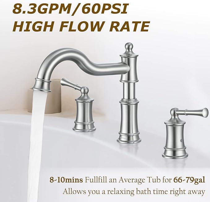 Roman Bathtub Faucet Deck Mount Tub Faucet for Bathroom Widespread Elegant Classic Spout with 3 Holes 2 Handle Valve Cartridge Included, Brush Nickel