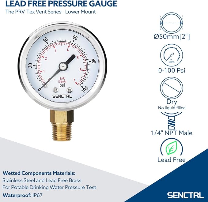 SENCTRL 100 Psi Lead-Free Pressure Gauge, 1/4 NPT Lower Mount, Waterproof - Image 2