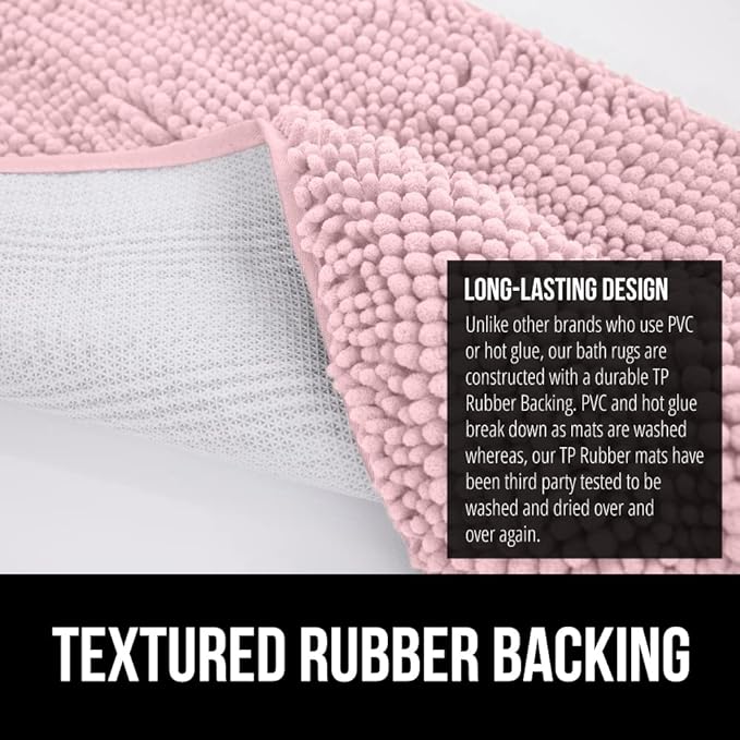 GORILLA GRIP Bath Rug Mat, Soft Absorbent Chenille, Quick Dry Microfiber Mats, Rubber Backing Washable Shower Floor Rugs, Bathmat Runner, US Designed Bathroom Home Decor Accessories 24x17 Light Pink