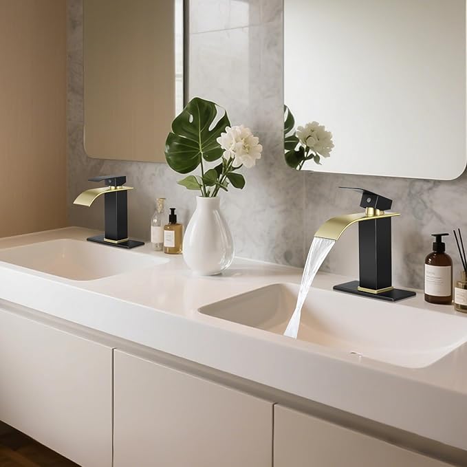 Bathroom Faucets Matte Black and Gold Waterfall Bathroom Sink Faucet Modern Single Handle Bathroom Faucet for 1 or 3 Hole Mxier Tap Washbasin Faucet with Deck, Pop-up Drain and Supply Hoses