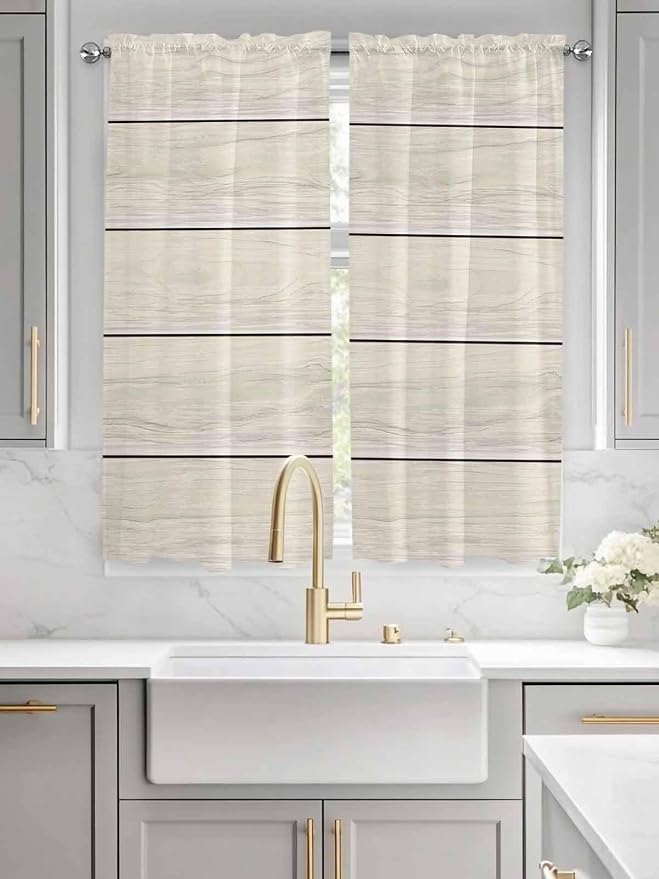 Vintage Country Wooden Board Window Valance Curtains, Gradient Wood Grain Line - Image 2