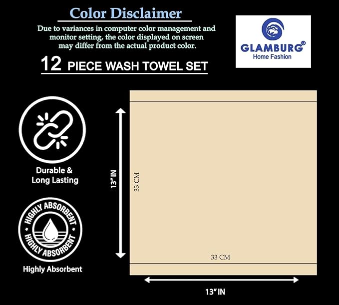 GLAMBURG Ultra Soft 12-Piece Washcloths Set 13x13-100% Ringspun Cotton - Durable & Highly Absorbent Face Towels - Ideal for use in Bathroom, Kitchen, Gym, Spa & General Cleaning - Mineral Blue