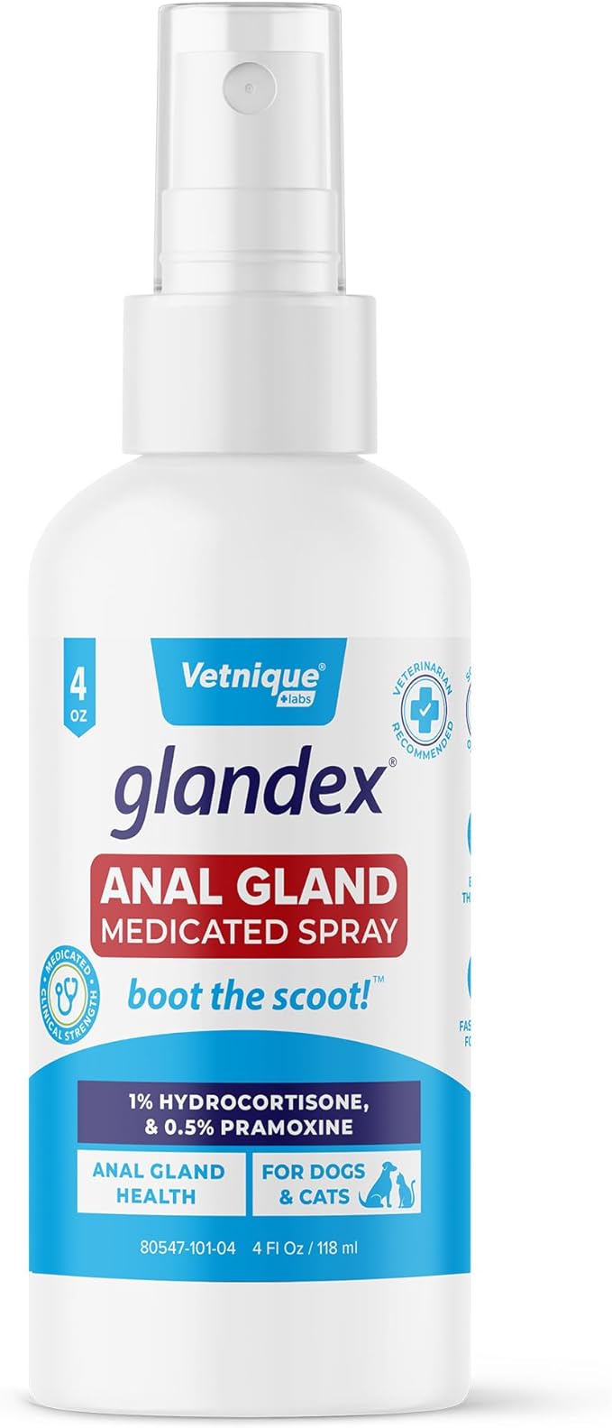 Vetnique Glandex Medicated Dog Butt Wipes or Spray for Dog Scooting - Topical Anti Itch Skin Relief for Soothing Inflamed Anal Glands in Dogs & Cats - Fast Acting Formula (4oz Spray)
