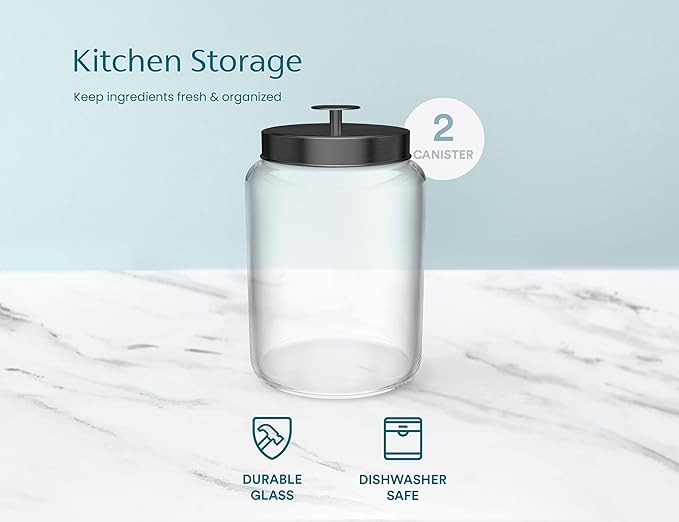 KooK Glass Storage Containers with Lids, Glass Jar with Lid, 1 Gallon, Set of 2, Glass Canister, Storage, Laundry, Kitchen Jar, (Circular, Black)
