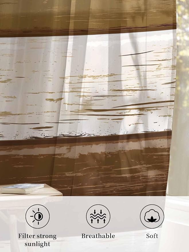 Sheer Curtains 63 Inch Length, Wood Grain Brown Semi Sheer Curtains Light - Image 6