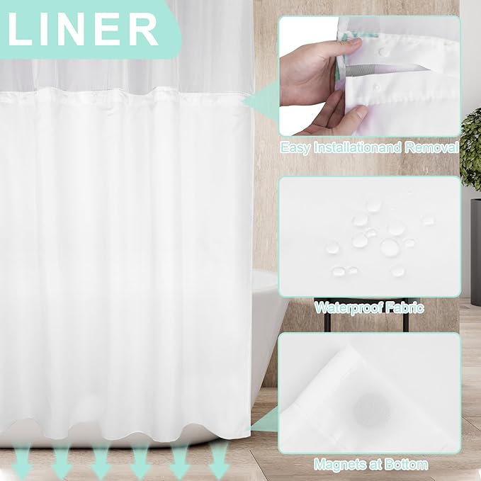 No Hook Shower Curtain Set with Snap in Fabric Liner for Bathroom,with See Through Top Window,Double Shower Curtain with Detachable Liner Replacement,Machine Washable,White Floral,71"x 74"