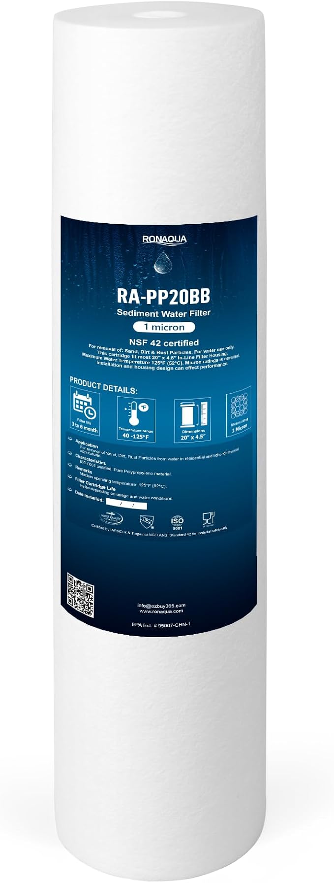 Ronaqua 20" x 4.5" Big Sediment Replacement Water Filter Cartridge, 1 Micron by Ronaqua