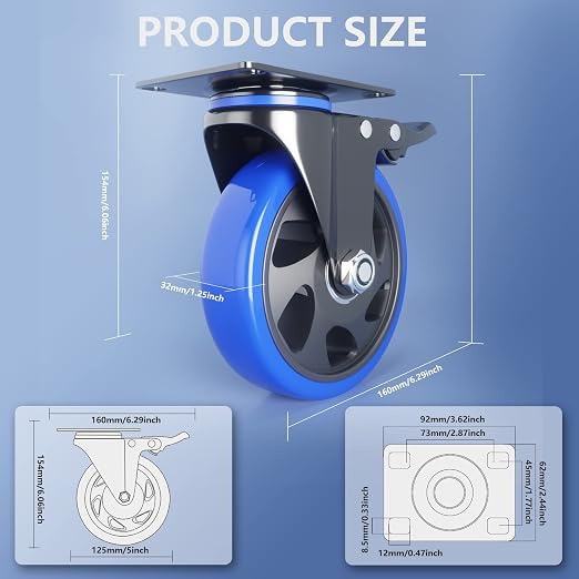5 Inch Caster Wheels with Safety Dual Locking, Heavy Duty Casters Set of 4 - Image 2