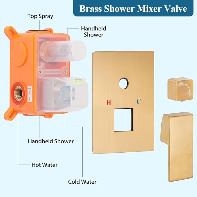 Brushed Gold Square Shower Head with Handheld Set, Rainfall Shower System Modern Wall Mounted Shower Faucet for Bathroom 12 inch (With Shower Valve)