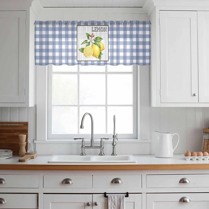 Lemon Sheer Valance Curtains, Summer Fruit Floral Wood Grain Blue Plaid Light - Image 2