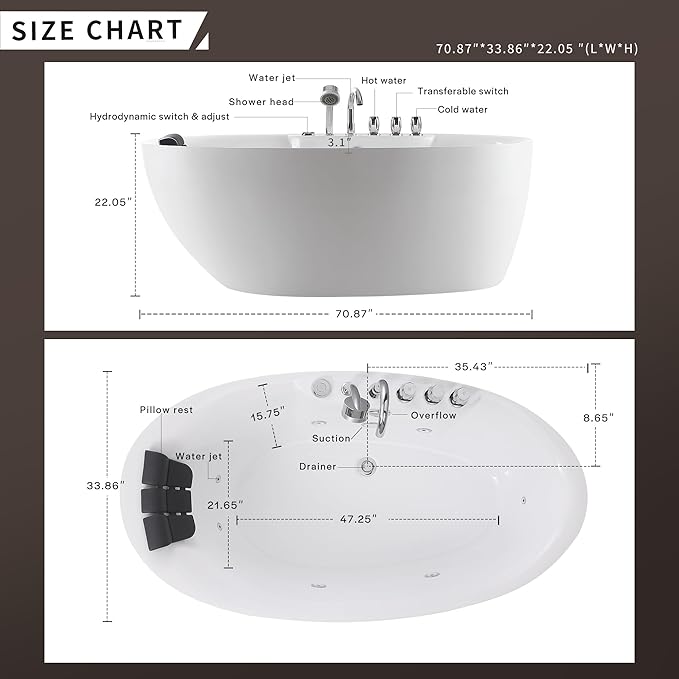 Empava 71 inch Acrylic Freestanding Tub Hydromassage Gracefully Oval Shaped Whirlpool 7 Water Jets Soaking SPA, Double-Ended Massage Bathtub with Black Pillow, Boat Shape,ETL Certified