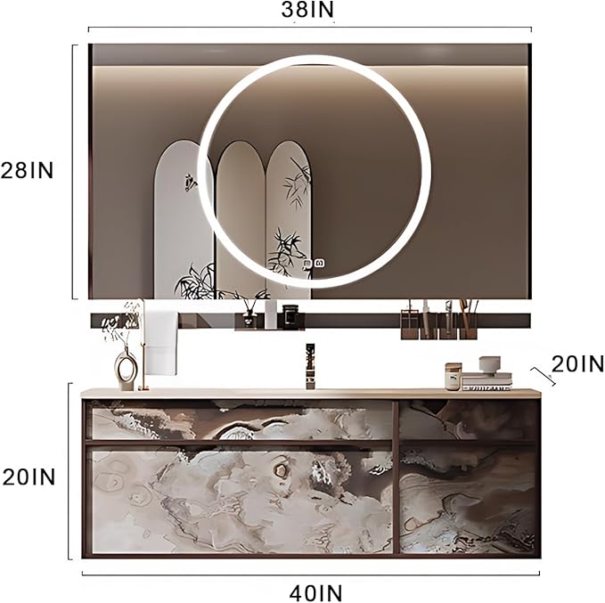 40IN Modern Bathroom Vanity with Sink - Bathroom Vanity with Drawer Organizer, LED Mirror Lights & Defogging Function | Wall - Mounted Vanity with Multifunctional Storage Rack