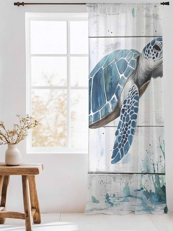 Sheer Curtains 96 Inches Long, Teal Green Sea Turtle Semi Sheer Curtains Light - Image 3