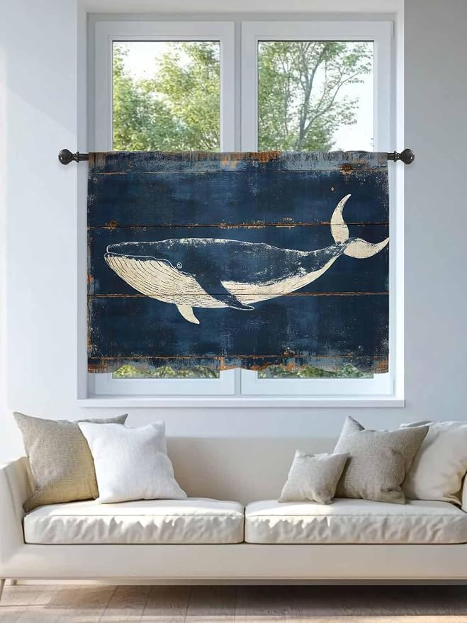Sheer Curtains 54 Inch Length, Summer Whale Blue Semi Sheer Curtains Light - Image 4