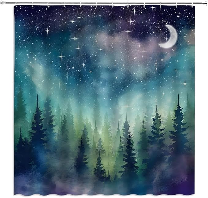 Forest Moon Shower Curtain Watercolor Misty Forest Fantasy Starry Sky Galaxy Nature Gothic Scenery Abstract Outdoor Bathroom Decor Curtains with Hooks, Purple 70" L x 59" W