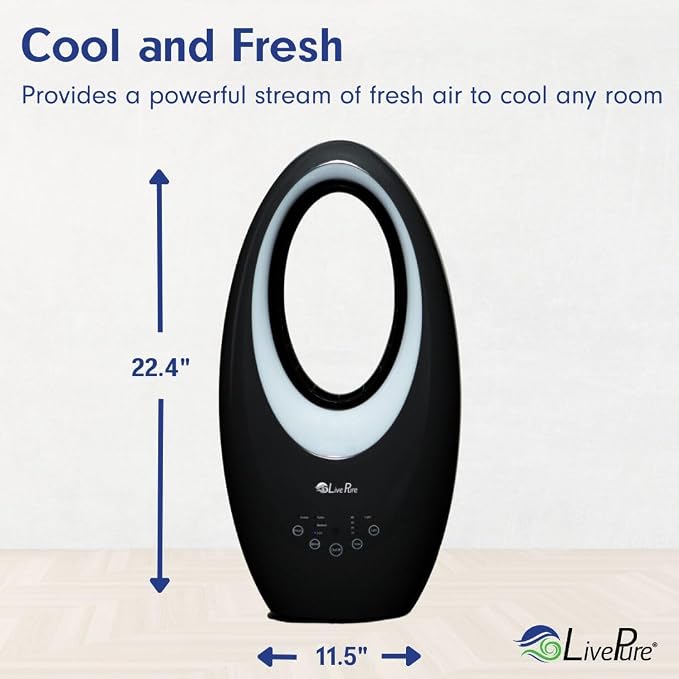 LivePure Bladeless Oscillating Fan w/Filter. 3-Speed Adjustment, Touch Control - Image 5