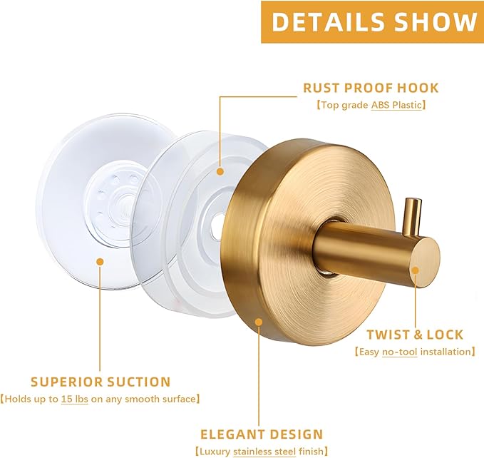 2 Pcs Suction Shower Hooks, Stainless Steel Gold Suction Cup Hook, Removable Shower Holder Towel Rack for Bathroom, Kitchen Glass Door Wall for 15 Lb Heavy Duty Clothes - Gold
