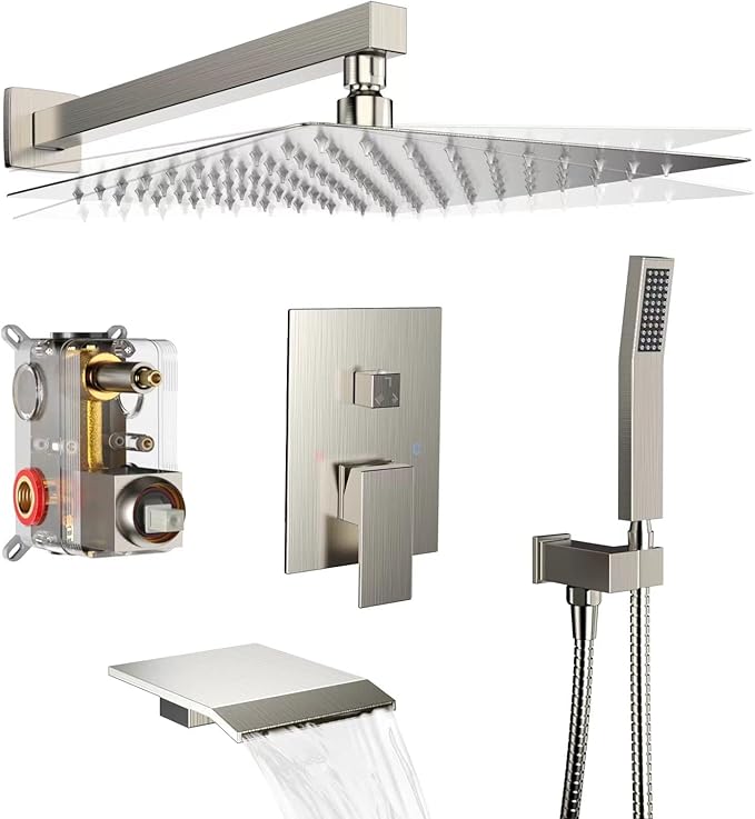 Rain Shower System 12 inch Shower Faucet Set with Tub Spout,Bathroom Wall Mounted Waterfall Shower Head Faucet Sets Complete with Handheld Spray,Rough-in Valve Body and Trim kit,Brushed Nickel