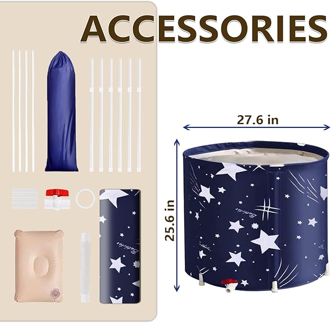 BDL Portable Bathtub, Foldable Adult Japanese Soaking Bath Tub, BDL Freestanding Ice and Hot tubs with Thermal Foam, Folding Spa Bath Tub for Small Spaces Free Pillow and Storage Bag Starry Night Blue