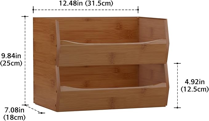 2 Set Open Front Stackable Storage Bins, Bamboo Stacking Storage Bins Food Vegetable Makeup Containers, Organizer Bins for Kitchen, Bathroom, Office, Cabinet, Countertop Storage (Long Walnut)