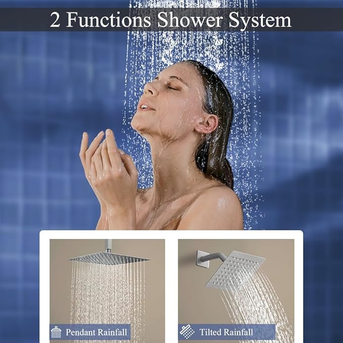 Shower Faucet Set Brushed Nickel Shower System, Ceiling Mount 10 Inch Shower Head with 6 Inch Wall Mount Shower Head, Knob Switch Diverter Shower Faucet, Rough-in Valve Body and Trim Included