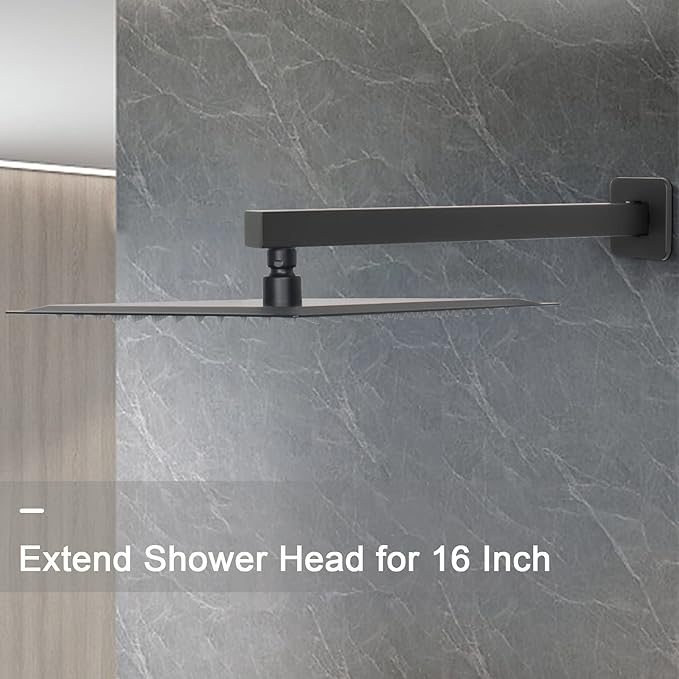 HarJue Shower Arm, Rain Shower Head Extension Extender, With Flange and Teflon Tape, Made of Thicken Stainless Steel for Bathroom Rainfall Shower (16 Inch, Matte Black)