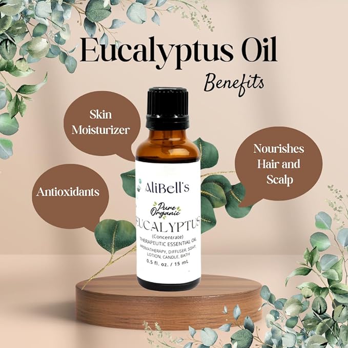 AliBell's- Essential Oils Eucalyptus - Essential Oils for Diffuser - 15 ml Undiluted Therapeutic Grade A Organic Concentrate, Multi-Purpose- Aromatherapy, Humidifier, Bath, Soap Making, Hair Care