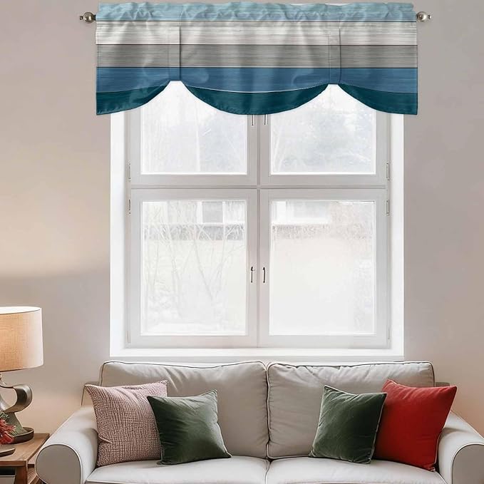 Blue Ombre Wooden Tie Up Valance Curtains - Image 3