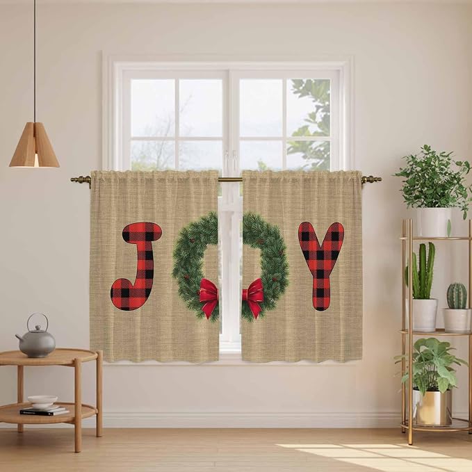 Red Green Christmas Kitchen Curtains 45 Inch Long 2 Panel Set, Rod Pocket - Image 3