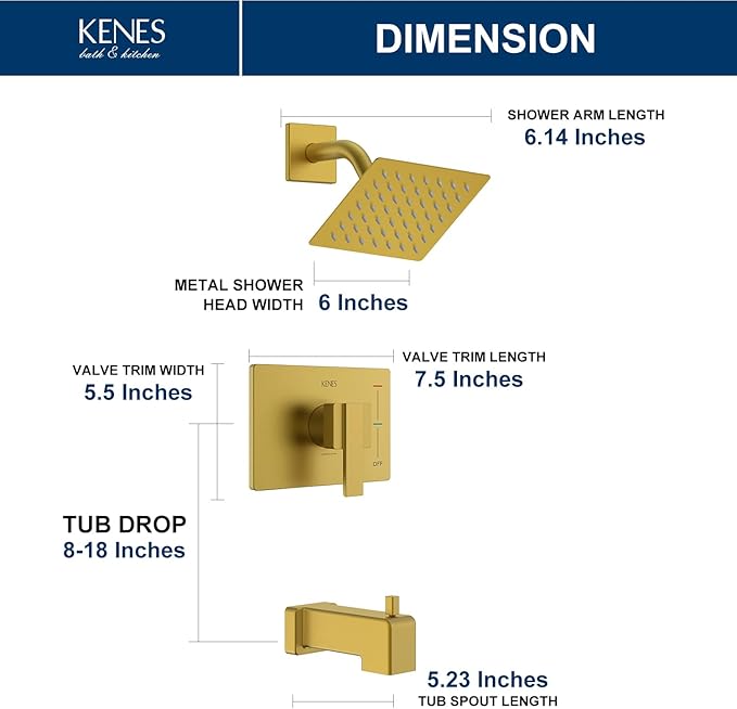 KENES Brushed Gold Tub and Shower Trim Kit, Square Tub Shower Faucet Set Complete with 6-Inch Rainfall Shower Head and Tub Spout, KE-6025A-4 (Shower Valve Included)