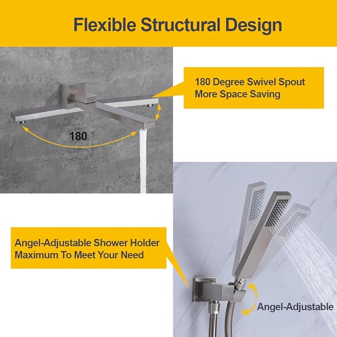 Wall Mounted Bathtub Faucet with Handheld Shower, Solid Brass 180° Swivel Bathroom Tub Filler Faucet with Hand Shower Modern Single Handle Tub Faucet Set, Brushed Nickel