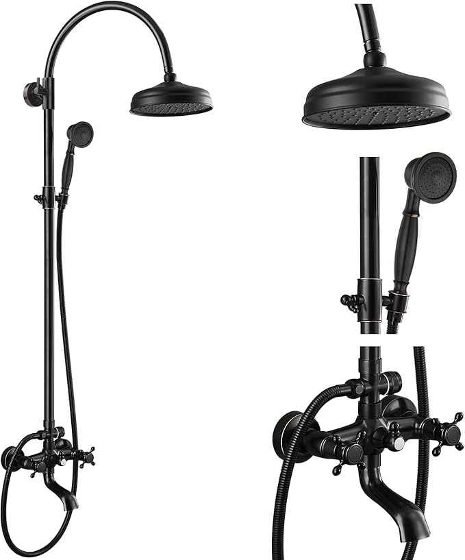 gotonovo Exposed Bathroom Shower System Classic Shower Kit 8 Inch Luxurious Rainfall Shower Head Handheld Spray Tub Filler Brass Pipe 3-Function Wall Mount Double Cross Knobs Oil Rubbed Bronze