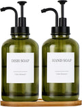Glass Soap Dispenser with Pump, Dish and Hand Soap Dispenser for Kitchen Bathroom Set, Clear Glass Dispenser Set of 2 Pack with 18 Stickers Funnel Bamboo Tray 500ml 18oz Green
