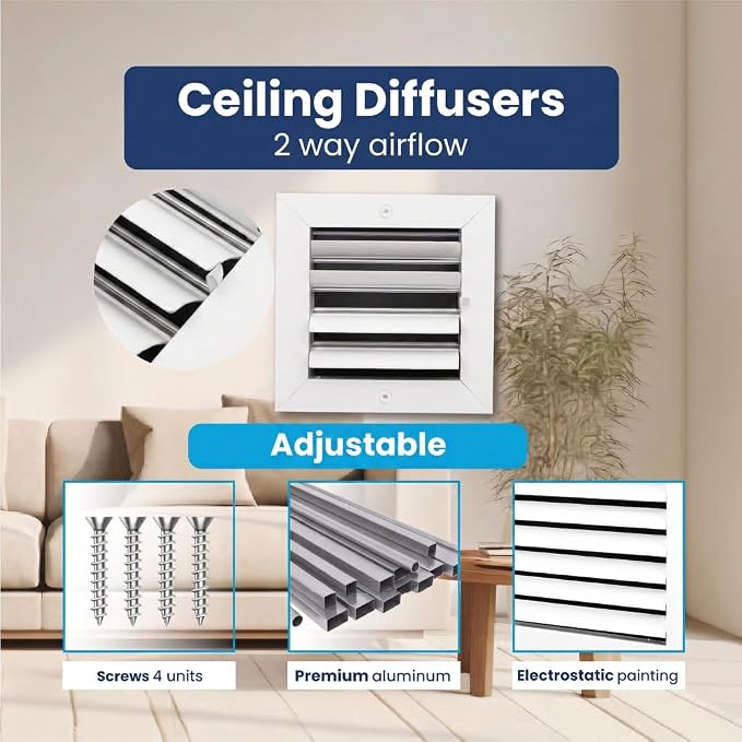 6x6 Aluminum 2-Way Air Vent Register HVAC Duct Cover Wall Ceiling Quiet - Image 4