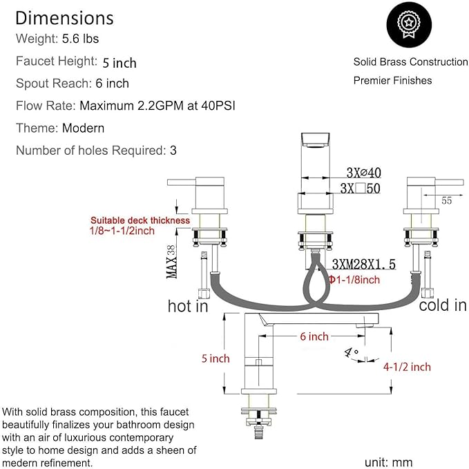 Luxury Brass 8inch Modern Widespread Bathroom Sink Faucets with Copper Valve for 3 Hole 2-Handle Deck Bathroom Vanity Faucet, &Stainless Steel Pop-up Drain Assembly, Matte Black