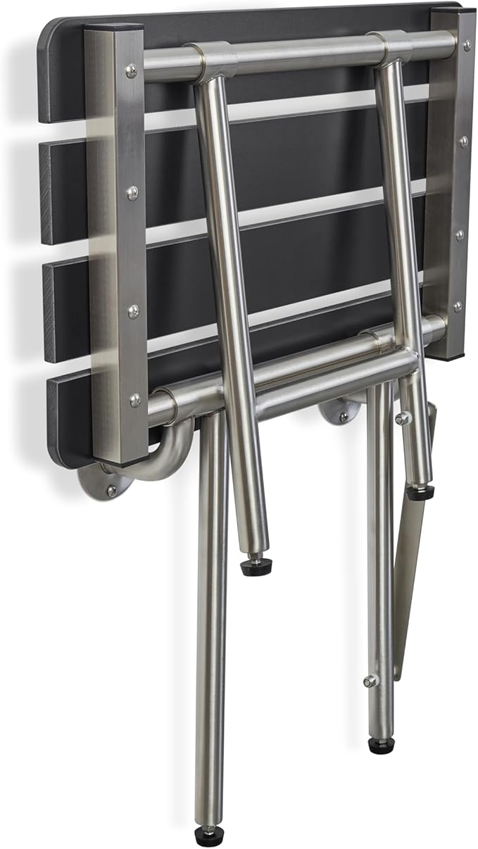 22-inch x 15-inch ADA Bariatric Folding Wall Mount Bench Shower Seat with Legs, Black Slatted Phenolic Seat
