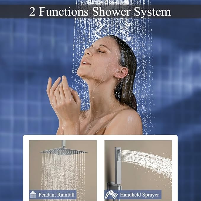 16 Inch Brushed Nickel Ceiling Mount Shower System Bathroom Luxury Rain Mixer Shower Combo Set Ceiling Rainfall Shower Head System Faucet Contain Rough-in Valve and Trim Included