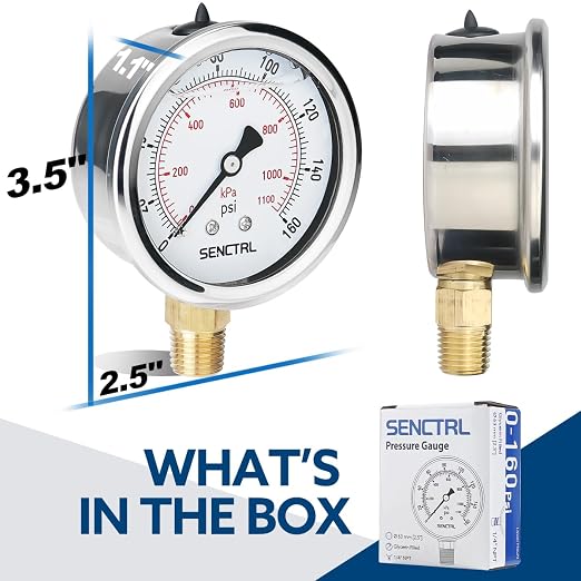 SENCTRL 0-160 Psi Glycerin Liquid Filled Air Pressure Gauge, 2.5" Dial Size - Image 6