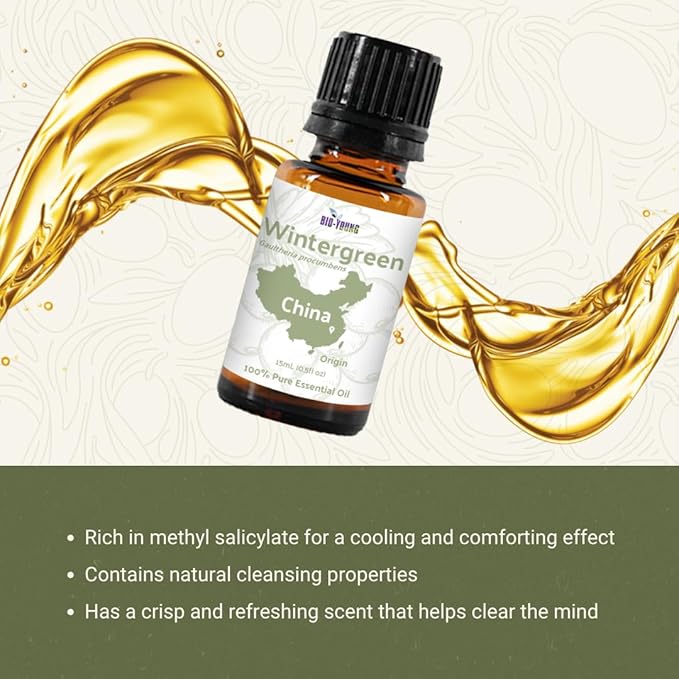 Wintergreen Essential Oil - Direct from Bio-Young Aromas China - Steam Distilled - Aceite de Gaulteria for Aromatherapy, Massage, Diffuser, DIY Candle and Soap Making - 15ml