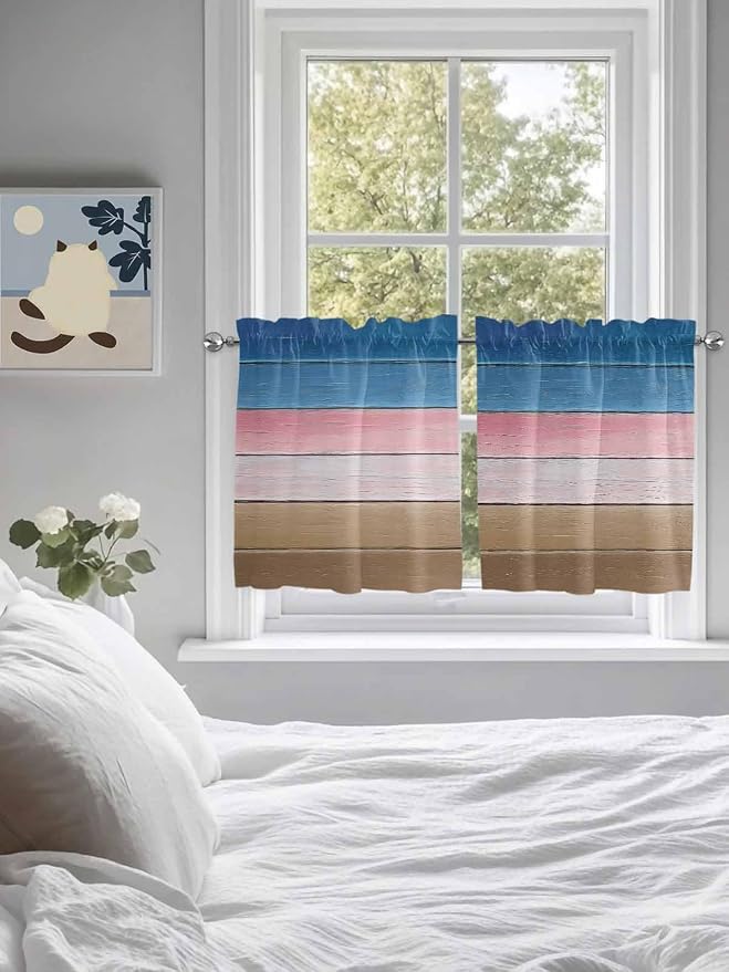 Blue Pink Brown Gradient Wood Grain Window Valance Curtains, Vintage Wood Board - Image 3