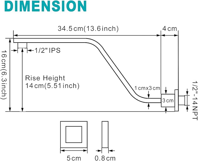 16 Inch S Shape Matte Black Shower Head Arm, Square Wall Mounted Shower Arm and Flange Included