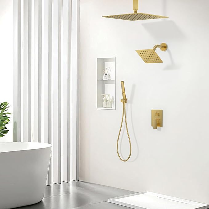 Shower Faucet Set, Ceiling Mount Rainfall Shower Head System 12" + 6" Dual Rain Shower Head Sets with 2 in 1 Handheld Spray for Bathroom with Rough-in Valve and Shower Trim Kit, Brushed Gold