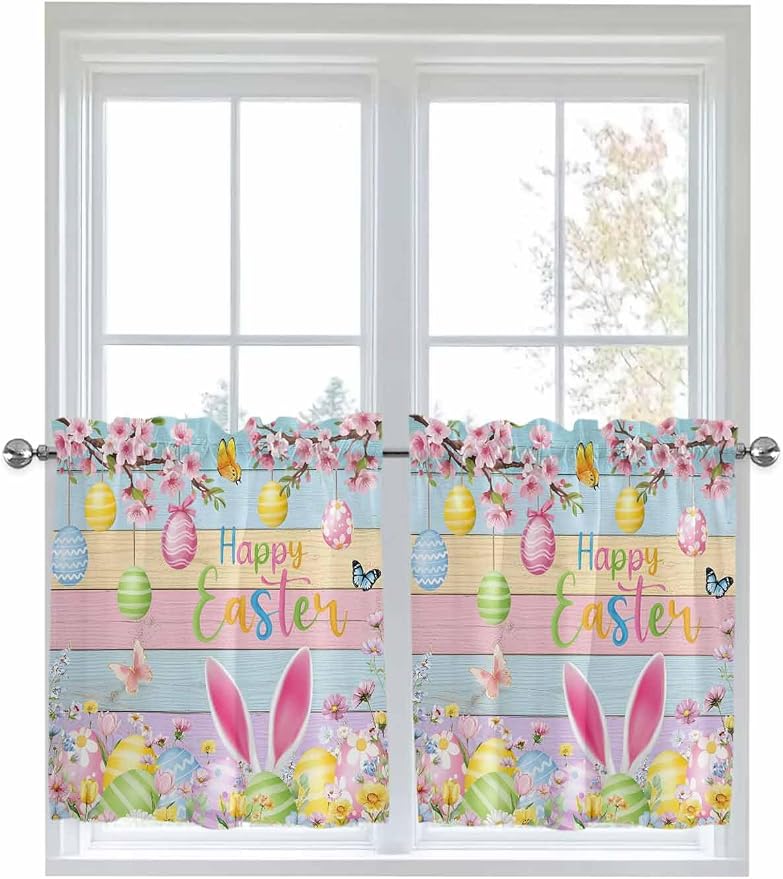 Colorful Easter Half Window Curtain 36 Inches Long, Spring Watercolor Bunny Egg by Unknown