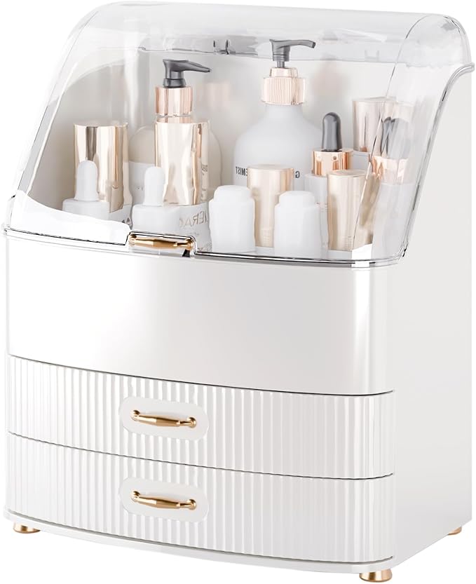 Makeup Organizer Countertop Vanity with Transparent Lid Drawers Waterproof Dustproof Cosmetic Skincare Bathroom Storage Gift for Women Teens Girls (Whtie)