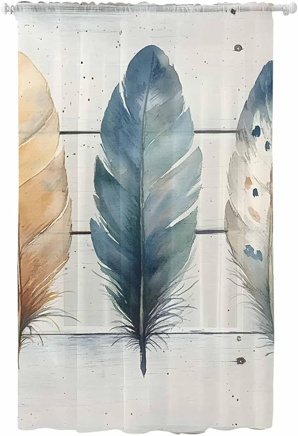 Sheer Curtains 108 Inches Long, Boho Blue Feathers Semi Sheer Curtains Light by Unknown
