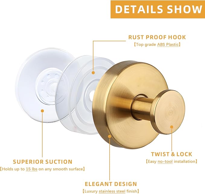 2 Pcs Suction Cup Hooks, Stainless Steel Removable Shower Towel Hook, No Drill Towel Holder for Bathroom, Kitchen Glass Door Wall for 15 Lb Heavy Duty Clothes - O Shape, Gold
