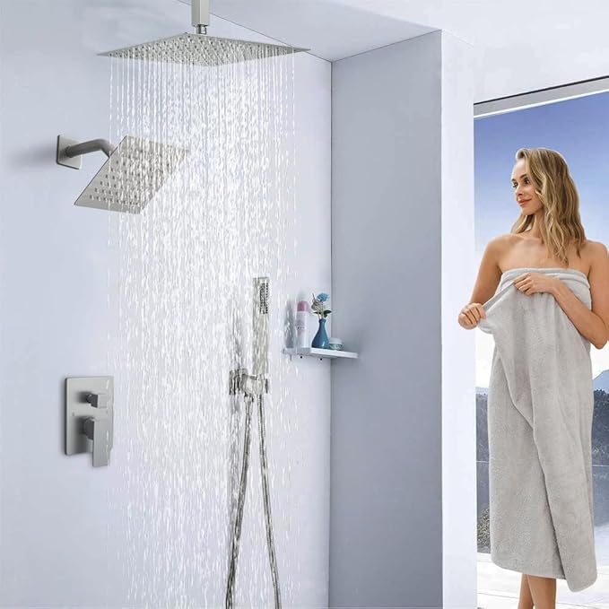Shower Faucet Set Brushed Nickel Shower System, Knob Switch Diverter Shower Faucet with High Pressure Handheld Spray, Ceiling Mount 10 Inch Shower Head with 6 Inch Wall Mount Shower Head
